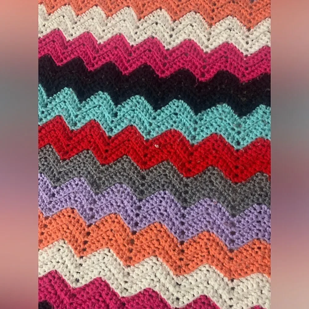 VTG Crochet Afghan Multi Color Hippie Boho Stripe Funky Large Blanket Chevron